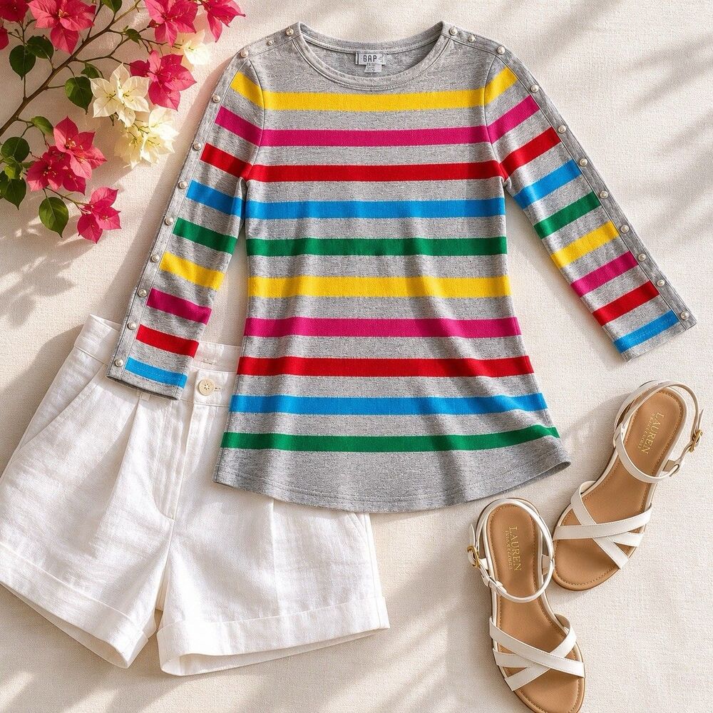 Joseph A Rainbow Stripe Sweater Nautical Coastal Preppy Cotton Rayon Tunic Top